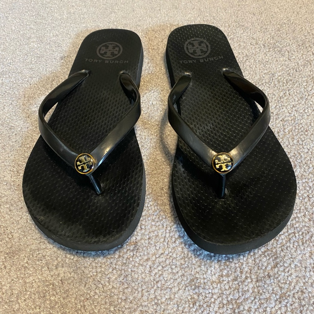 Tory Burch Black and Gold Flip Flops